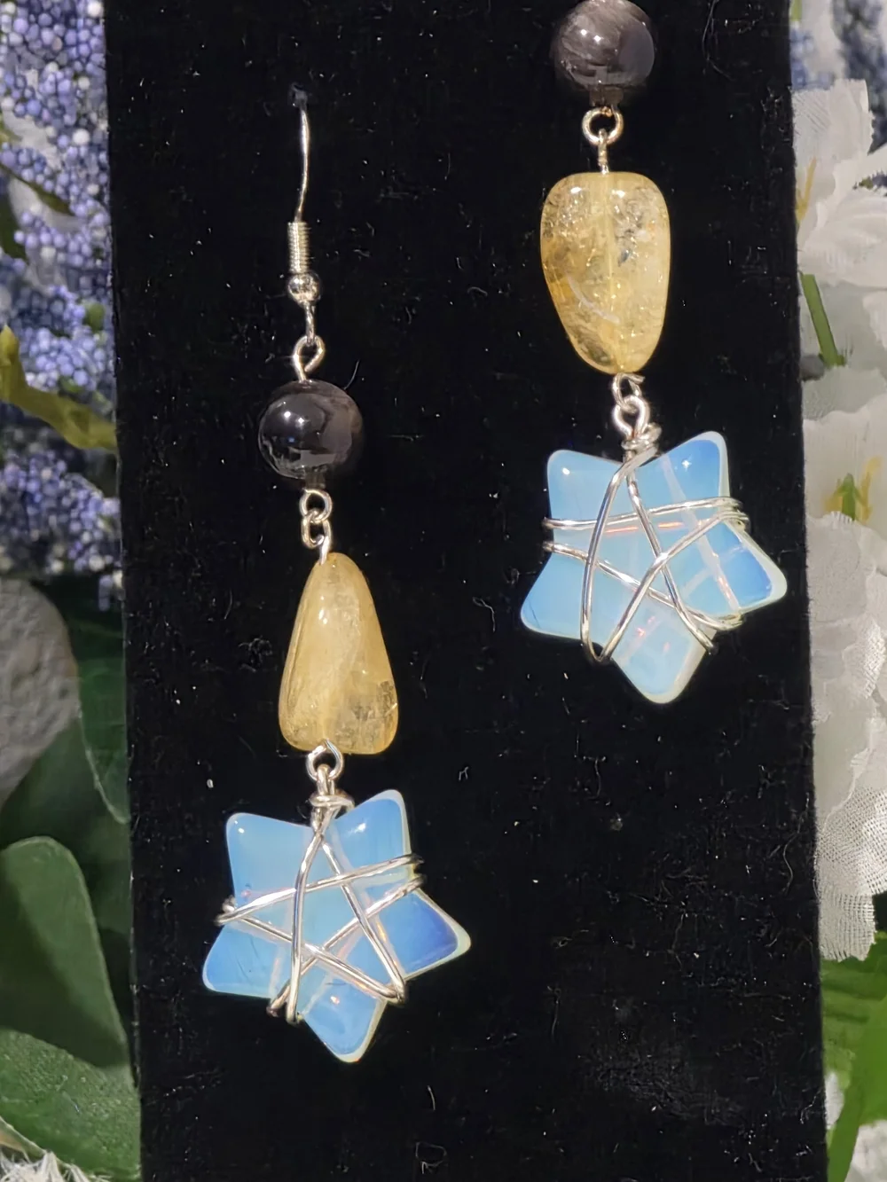 Hand Crafted Blue Opalite Star & Yellow Drop Earrings